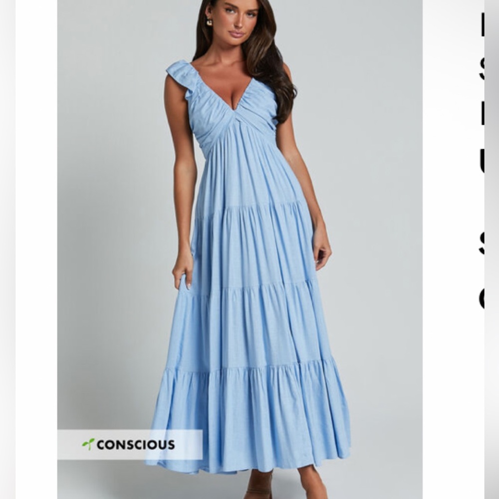 NICOLLEE MIDI DRESS - PLUNGE NECK SLEEVELESS TIERED DRESS IN BLUE